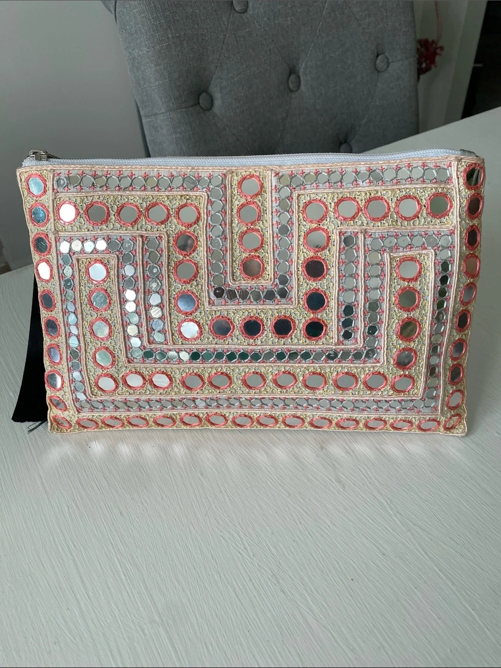Naf Naf Coral Boho Mirror Work Shisha Embroidered Zipper Pouch Clutch Bag